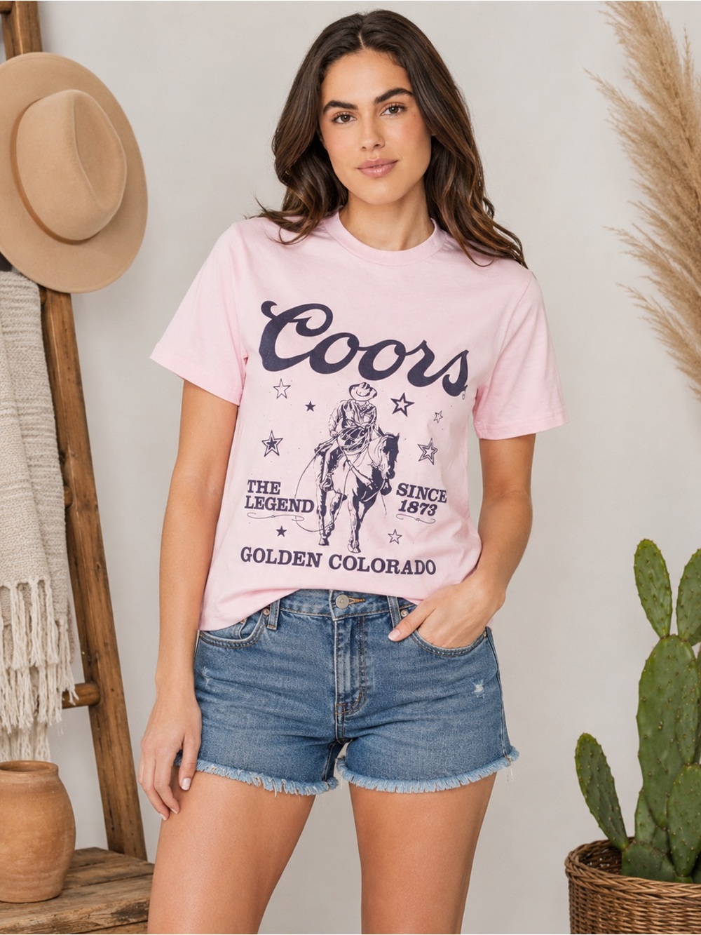Coors Cowboy Graphic Tee Pink Western Rodeo T-Shirt Women’s